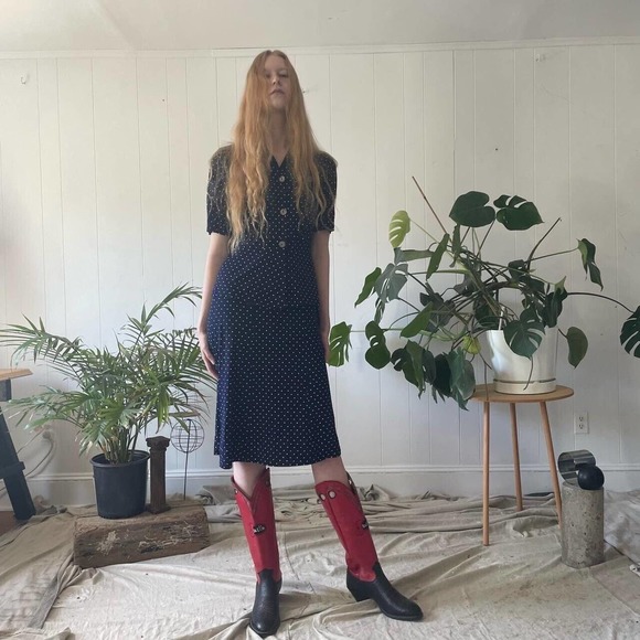 Vintage 40s navy and white polka dot rayon 1940s blouse and skirt set - Picture 5 of 12